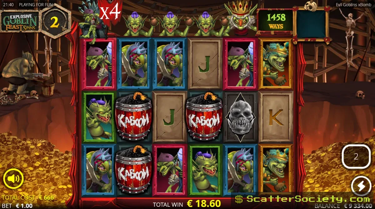 Evil Goblins xBomb Goblin Feast Spins bonus screen showing multiple xBomb explosions expanding the grid simultaneously