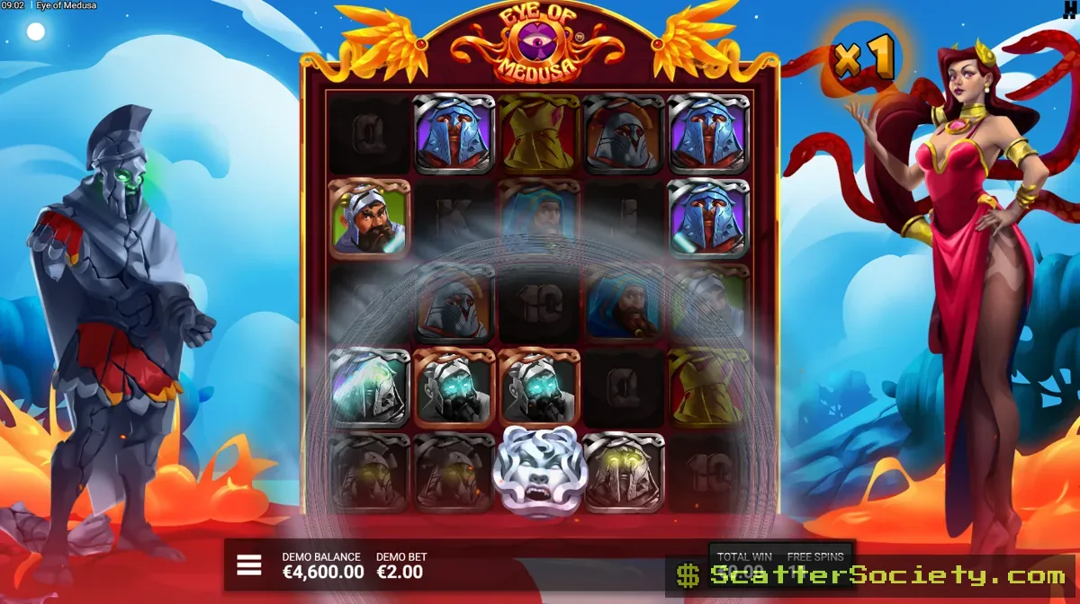 Eye of Medusa Gorgons Gold bonus screen showing multiple Gold Medusa symbols with increased multiplier frequency