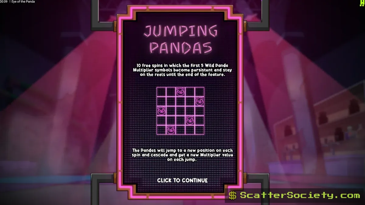 Eye of the Panda base game grid showing a Super Cascade clearing all instances of a winning symbol across the entire grid