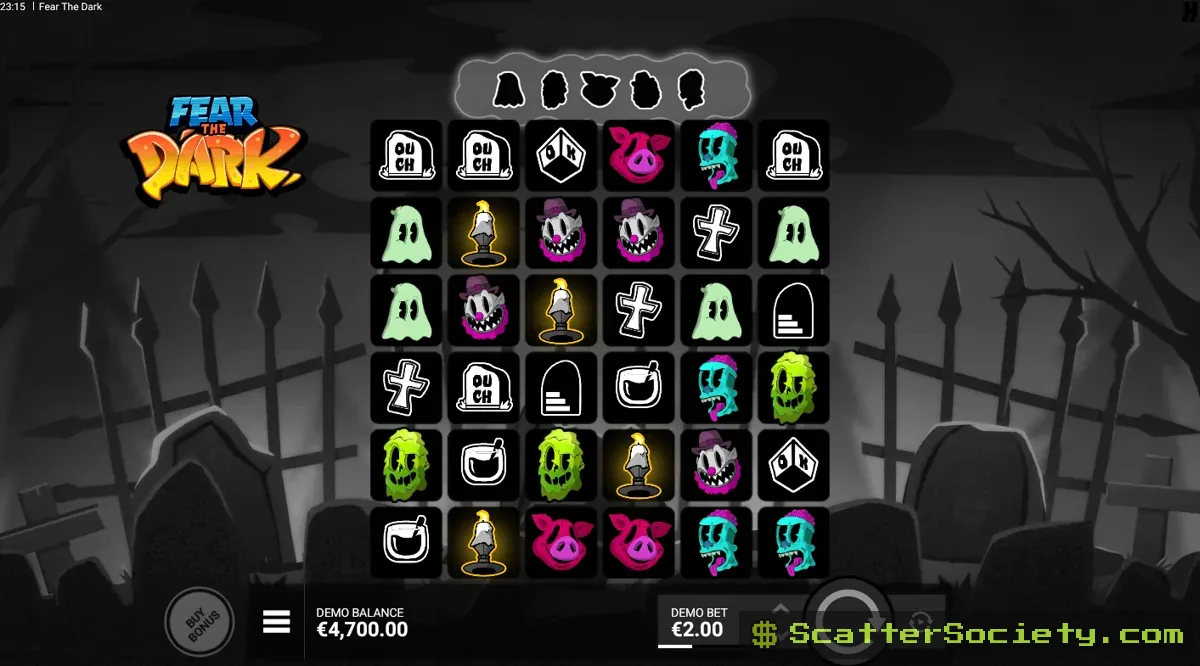 Fear the Dark base game grid showing a Full Moon multiplier symbol among several friendly monster and zombie symbols