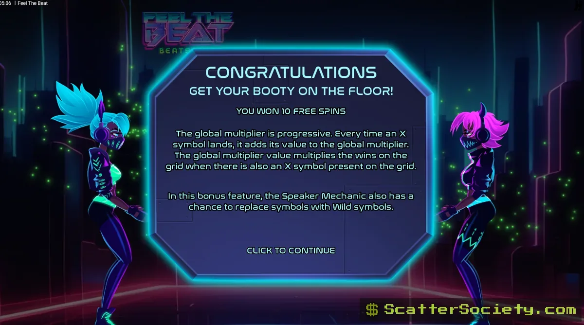 Feel the Beat base game grid showing a Speaker symbol and an X Symbol multiplier appearing among dancing neon characters