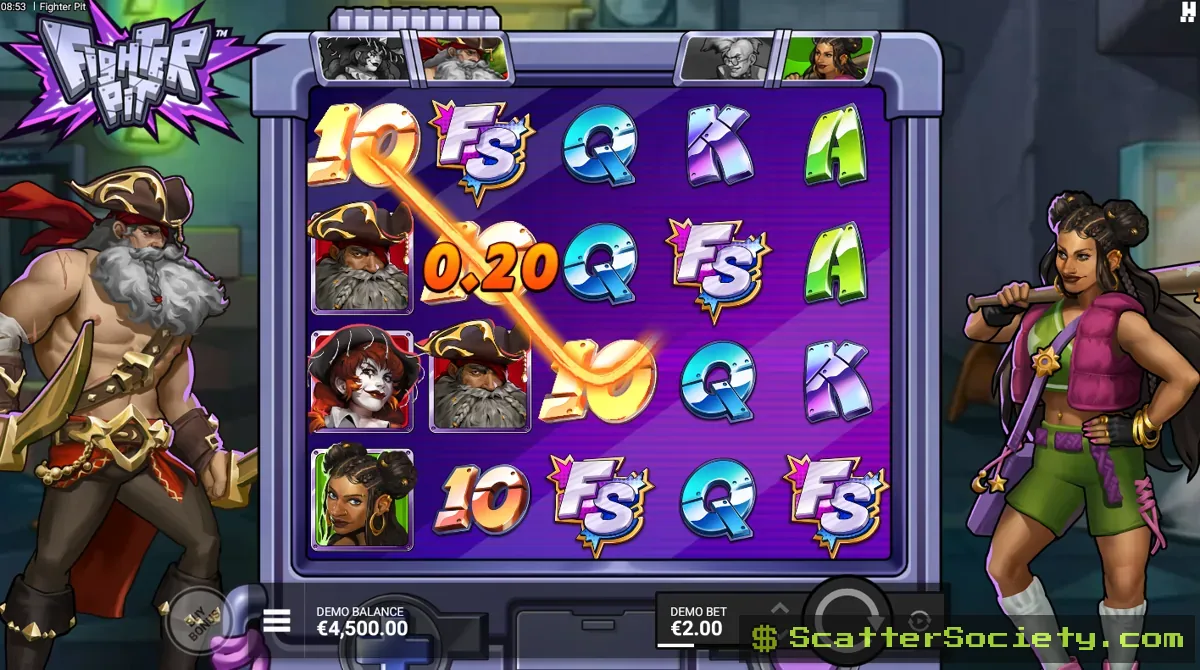 Fighter Pit base game grid showing a Fist symbol expanding into a Wild Fist Reel among punk rocker and pirate themed icons