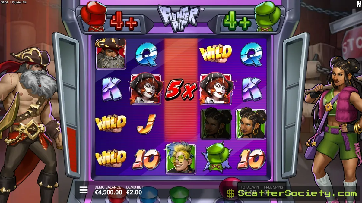 Fighter Pit Showdown bonus screen showing team based battles with an Epic Drop respin guaranteeing multiple Fist symbols