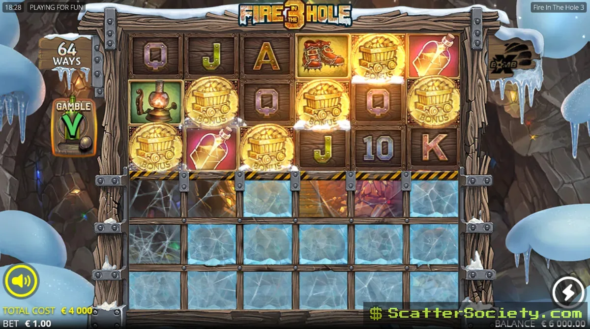 Fire in the Hole 3 base game grid showing an ice block symbol alongside mining tool symbols on a partially expanded grid