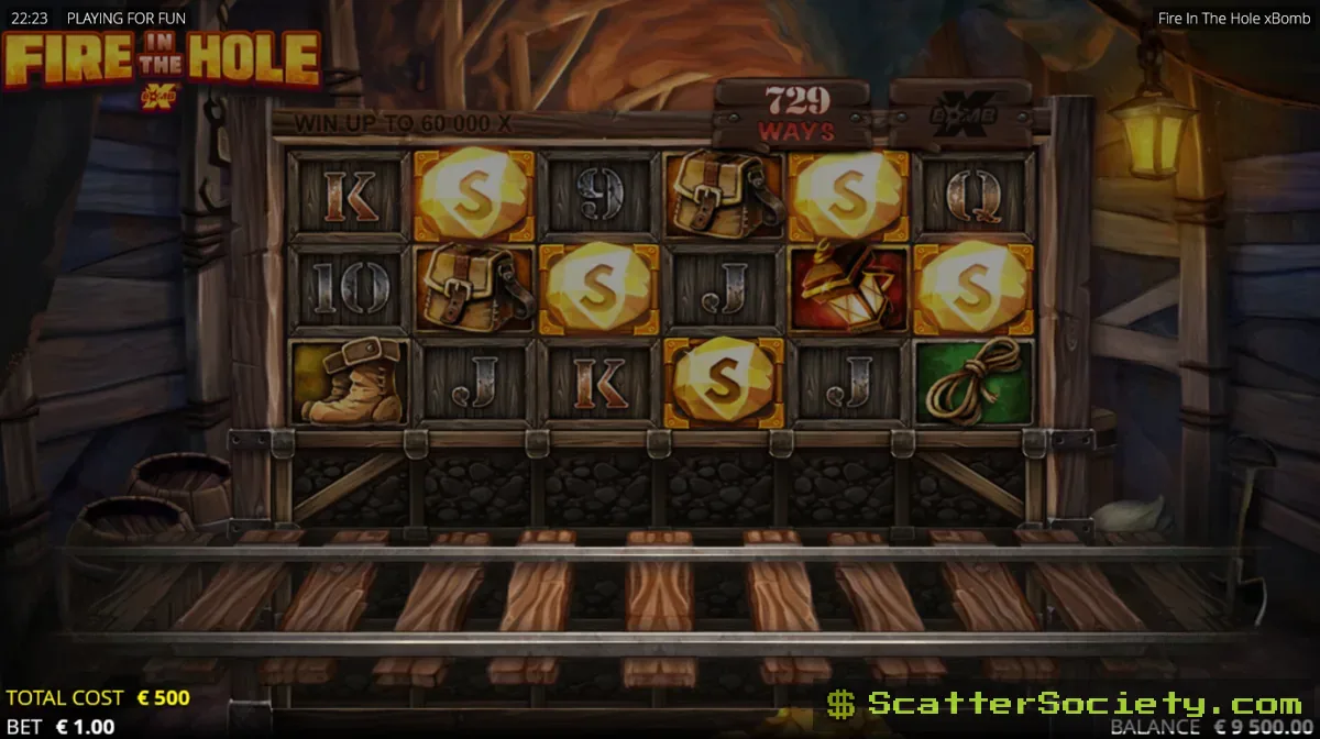 Fire in the Hole base game grid showing the Collapsing Mine mechanic unlocking an additional row after a winning combination