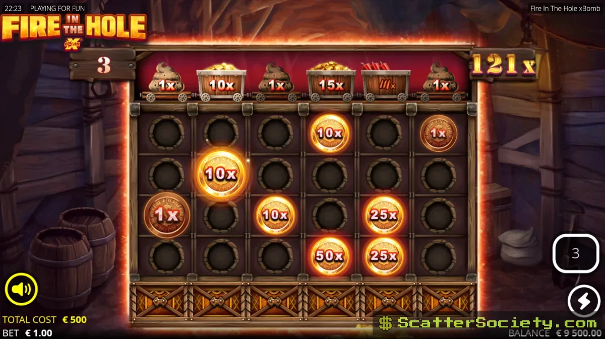 Fire in the Hole Lucky Wagon Spins bonus screen showing the Beer symbol collecting multiple symbols across the reels at once