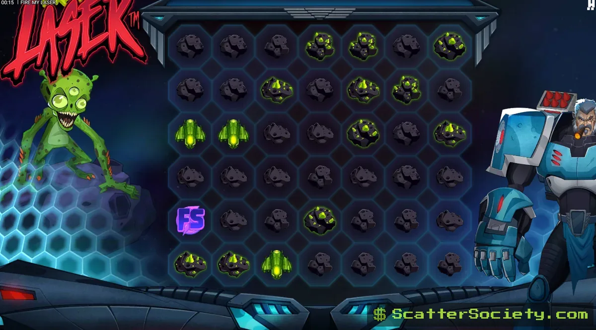 Fire my Laser base game grid showing Bomb and Laser symbols destroying regular paying symbols to award their payout values
