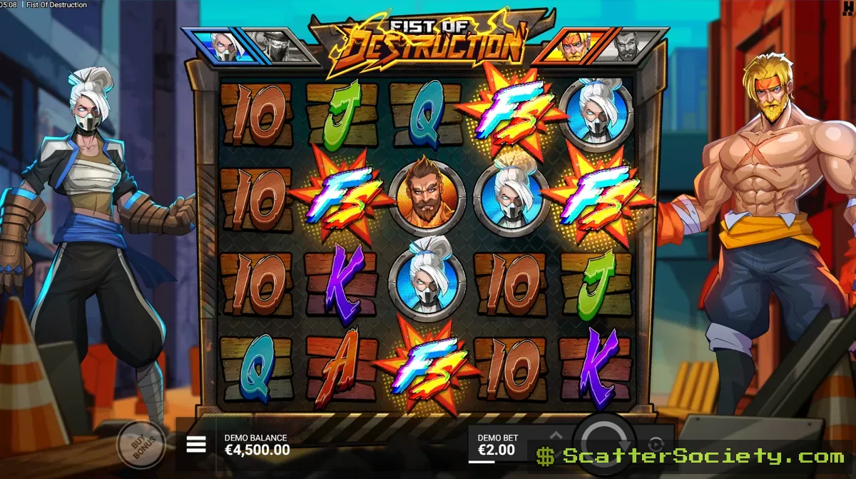Fist of Destruction base game grid showing a Fist Wild symbol punching through an opponent Fighter symbol to build a multiplier