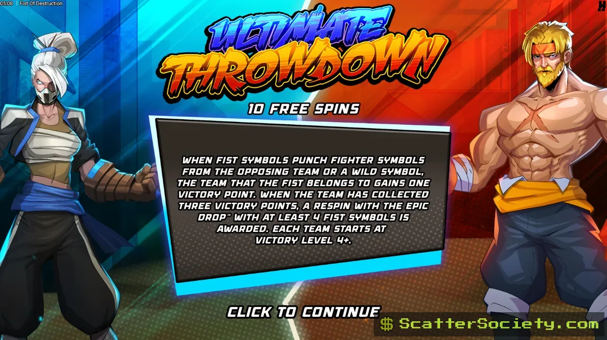 Fist of Destruction grid showing a fully expanded Fist Wild Reel carrying a large multiplier value after defeating multiple fighters
