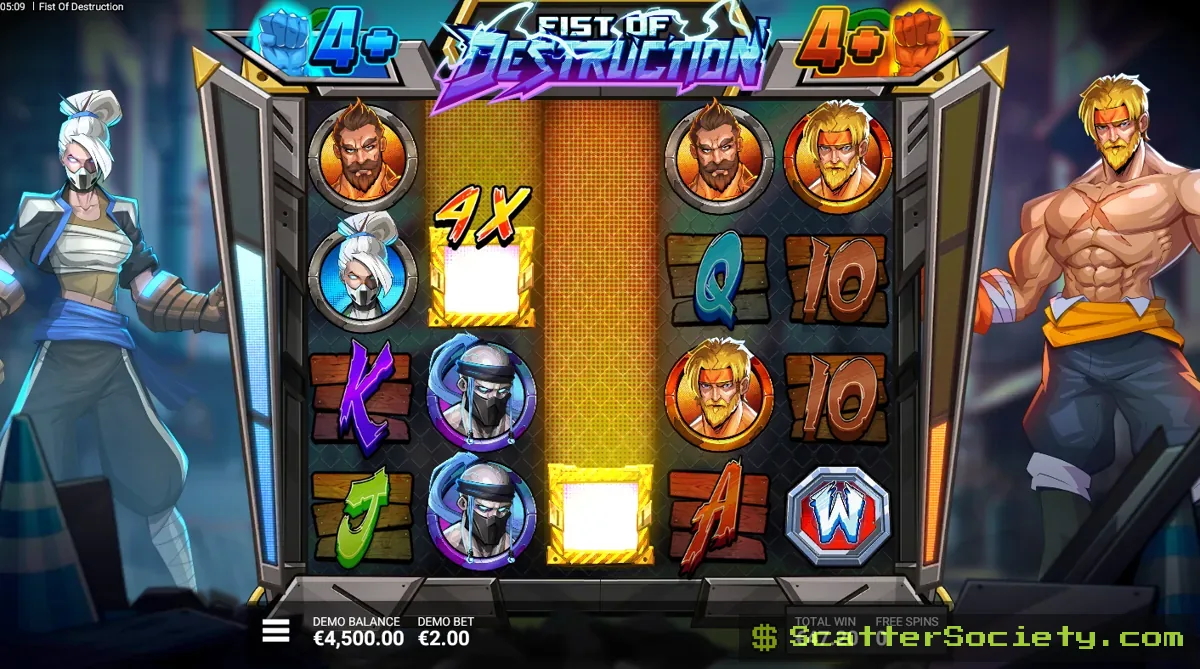 Fist of Destruction Ultimate Throwdown bonus screen showing multiple expanded Fist Wild Reels stacking large multiplier values together