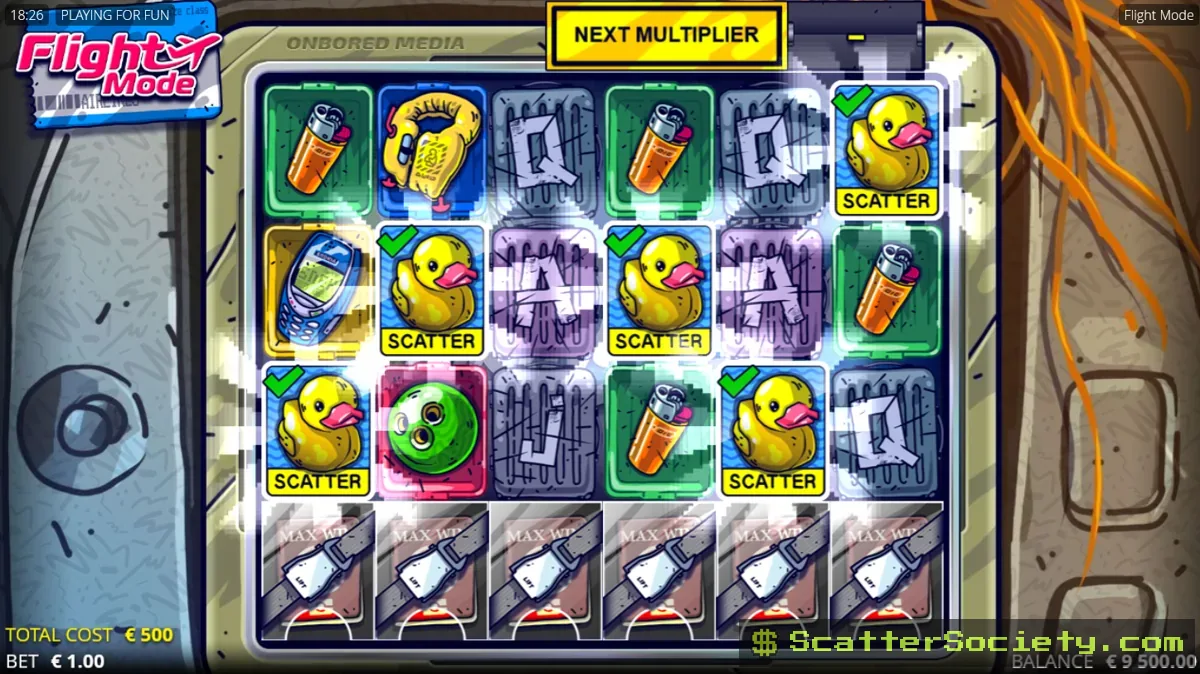 Flight Mode base game grid showing a Bomb symbol about to detonate on a row with no winning combinations