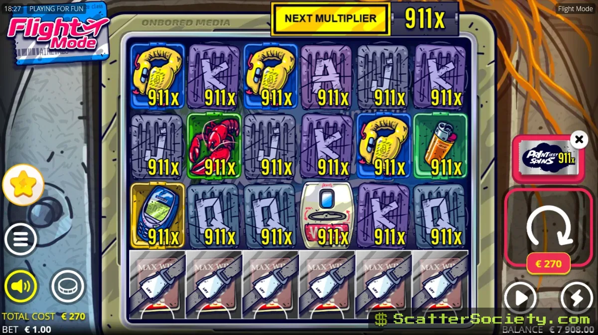Flight Mode Flee Spins bonus screen showing several unlocked Max Win symbols on the bottom row alongside a rising multiplier