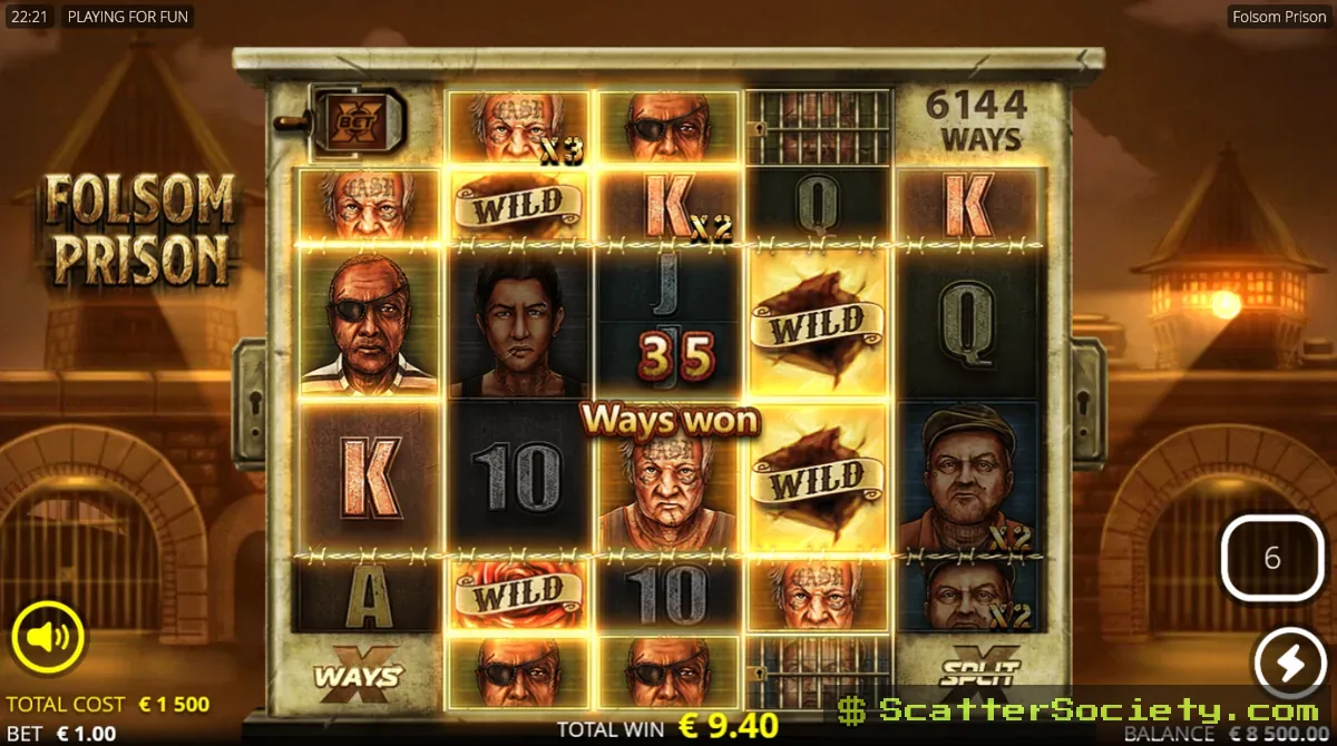 Folsom Prison The Chair bonus screen showing three cockroach symbols guaranteed on the grid with stacking multiplier values