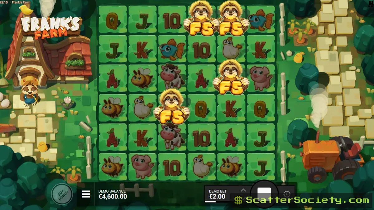 Frank's Farm base game grid showing a multiplying multiplier symbol worth 10x among various farm animal symbols