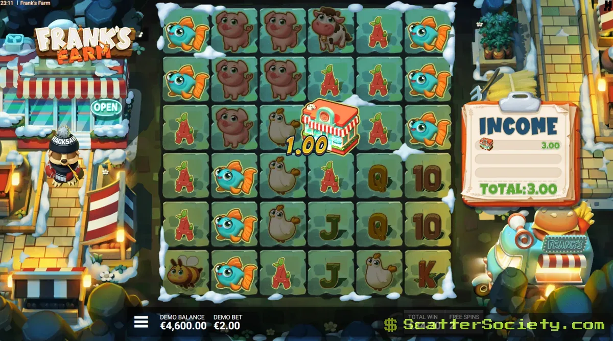 Frank's Farm Diner Dash bonus screen showing the special accumulation symbol collecting value across multiple spins