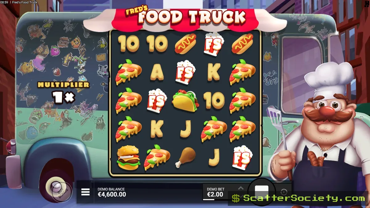 Fred's Food Truck base game grid showing a Wild bag of fries symbol among various food themed icons