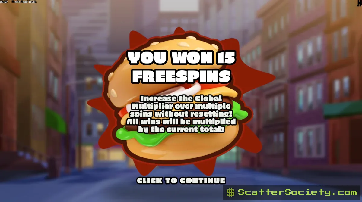 Fred's Food Truck grid showing multiple Green Chilli symbols contributing to a climbing Global Multiplier during a cascade