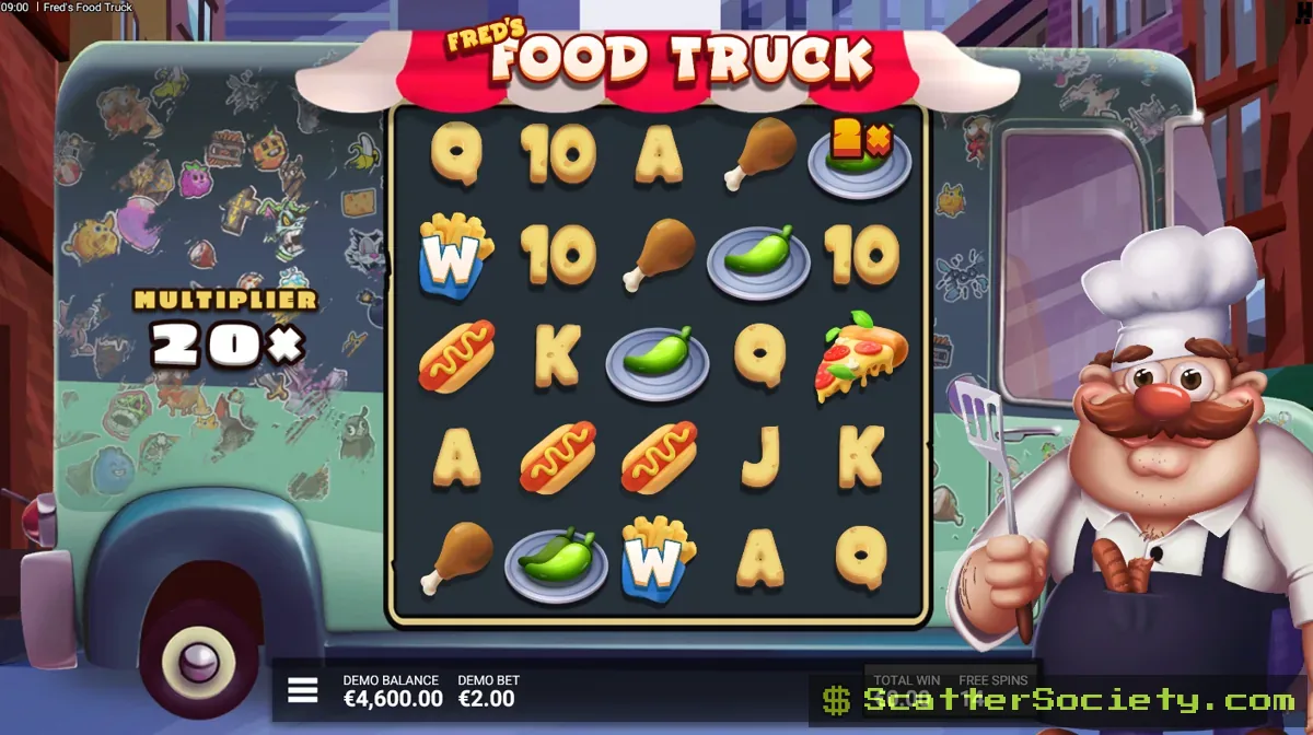 Fred's Food Truck Big Menu Free Spins bonus screen showing an extended cascade sequence with a large Global Multiplier value