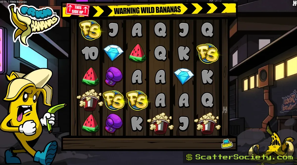 FRKN Bananas base game grid showing a directional Banana wild symbol with an arrow pointing upward among quirky food themed icons