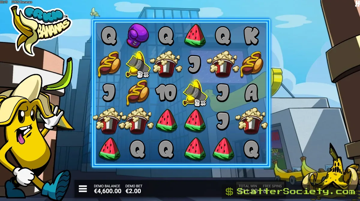 FRKN Bananas Banana Blitz bonus screen showing multiple directional Banana wilds spreading simultaneously across the expanded grid