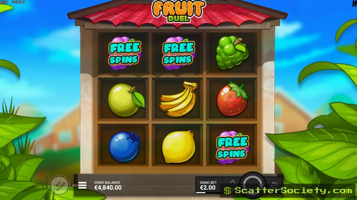 Fruit Duel base game grid showing a VS symbol triggering a duel between two fruit symbols on a reel