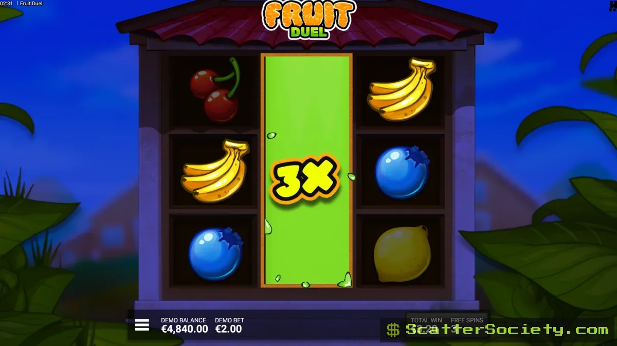 Fruit Duel free spins bonus screen showing multiple duel reels active simultaneously with stacked multiplier values