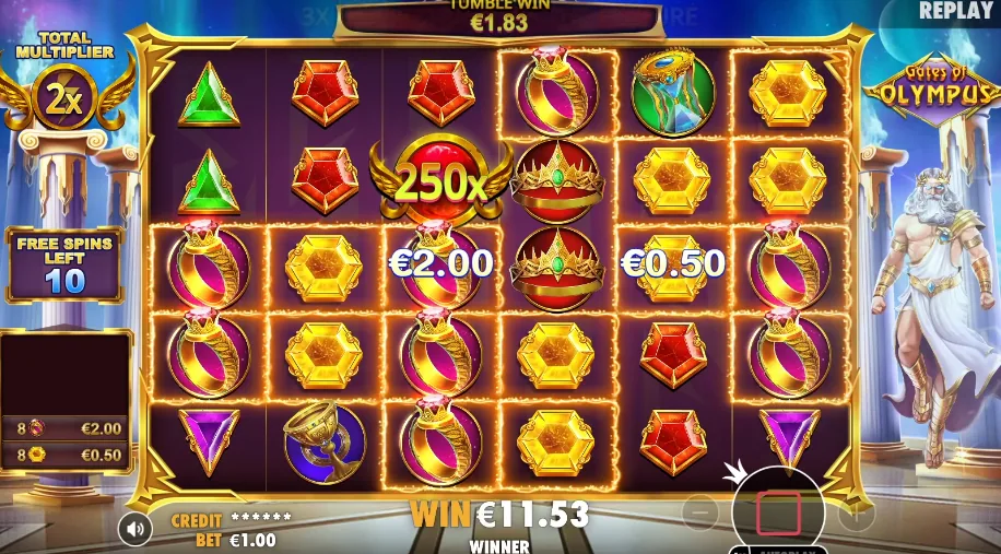 Gates of Olympus 1000 free spins round with a 250x multiplier orb and total multiplier tracker