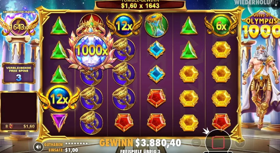 Gates of Olympus 1000 free spins bonus showing a 1000x multiplier orb and a running total multiplier of 1643x