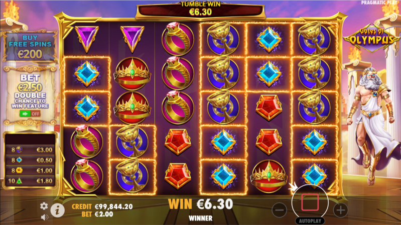 Gates of Olympus base game with five scatter symbols landed, triggering the free spins bonus