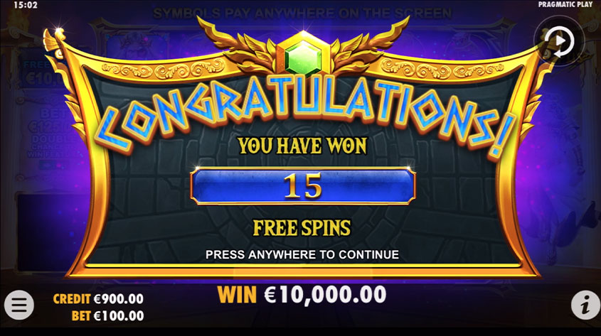Gates of Olympus congratulations screen awarding 15 free spins