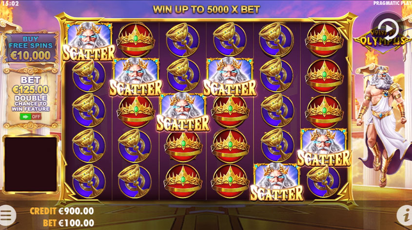 Gates of Olympus base game tumble win showing gem and crown symbols