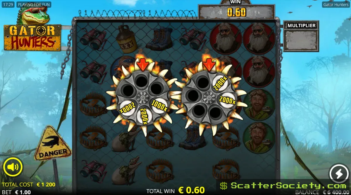 Gator Hunters Apex Predator Spins bonus screen showing multiple Super Fire Revolver symbols with stacked bullet multipliers