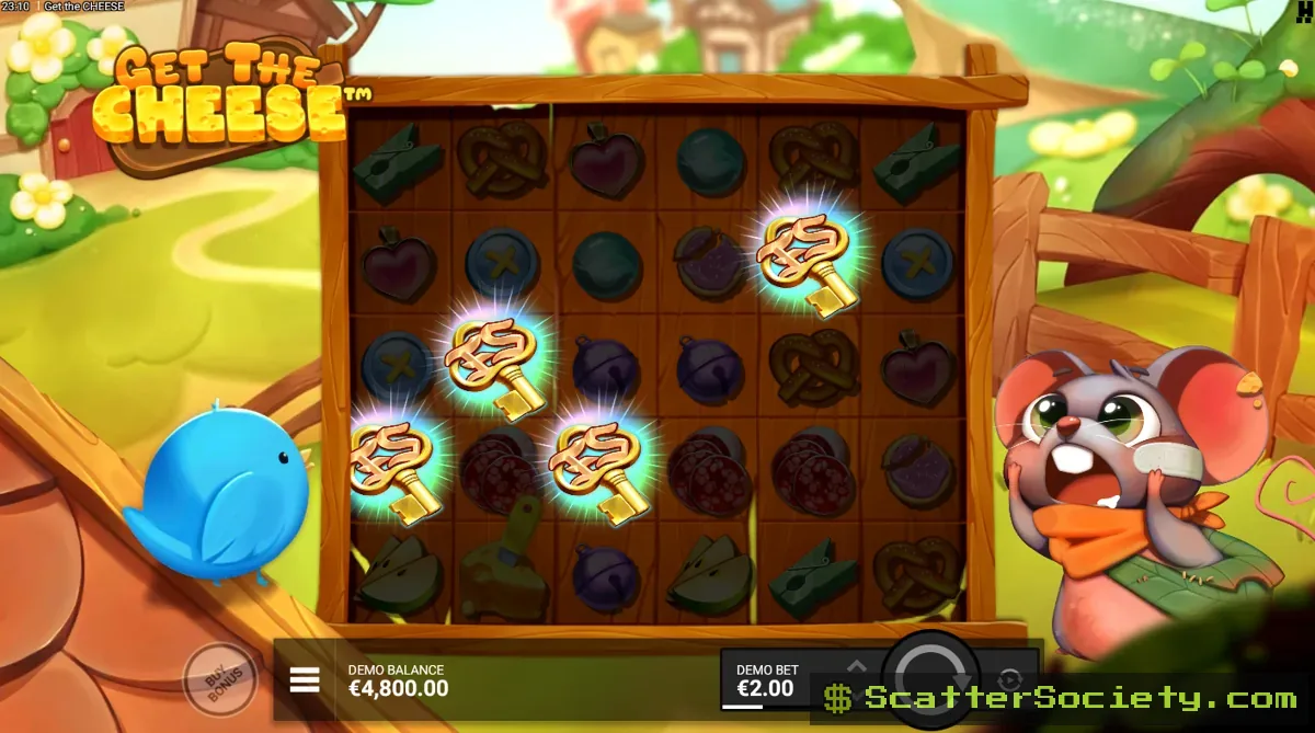 Get the Cheese base game grid showing a Jumping Wild Multiplier symbol substituting for a regular pay symbol among cluster icons