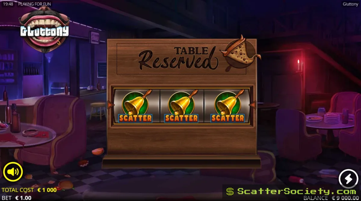 Gluttony base game grid showing the xZone mechanic applying a multiplier to adjacent food symbols and wilds