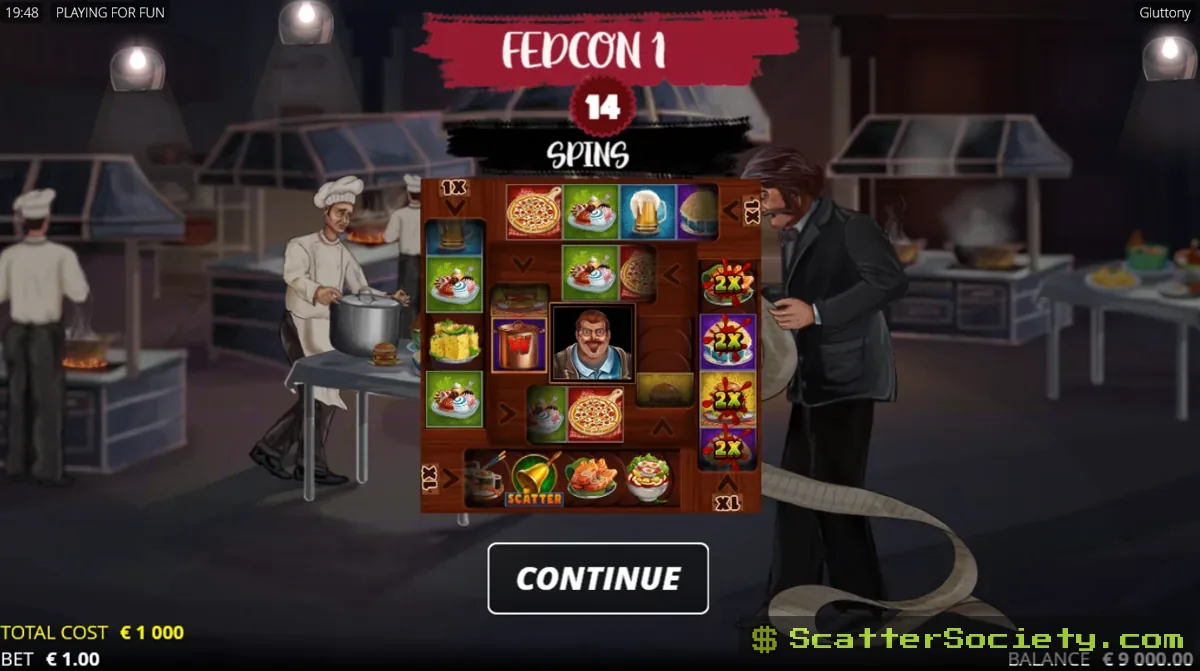 Gluttony grid showing a Wild Pot symbol collecting multiple food symbols with an increasing multiplier value