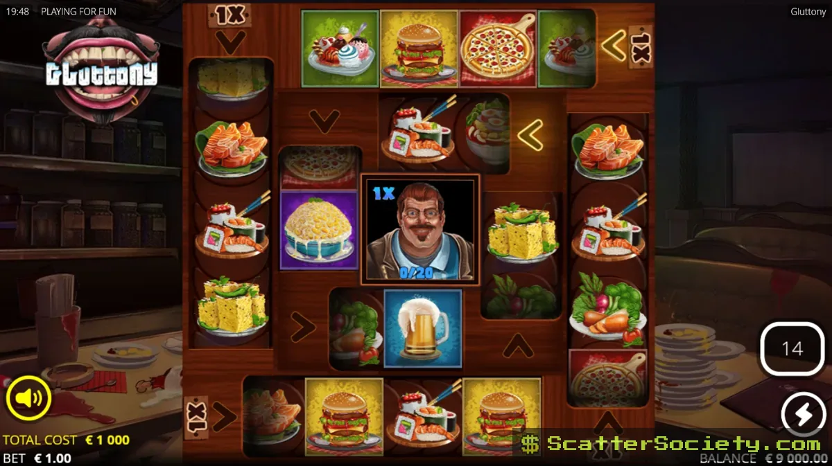 Gluttony FEDCON 1 bonus screen showing Fat Bastard at a high multiplier level surrounded by collected food symbols