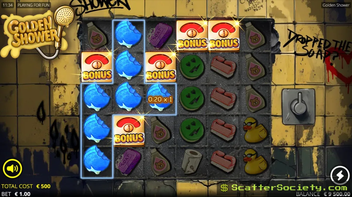 Golden Shower base game grid showing a large cluster win with position multipliers building across the grid