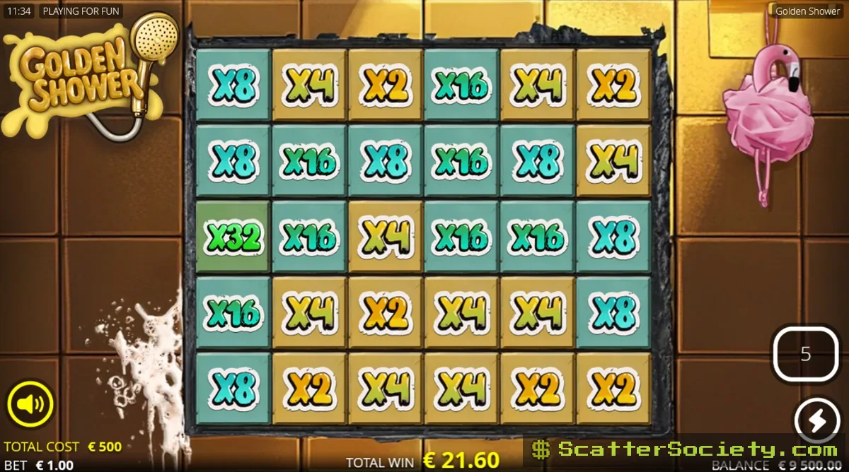 Golden Shower free spins bonus screen showing a large multiplier total and Gold Spins branding