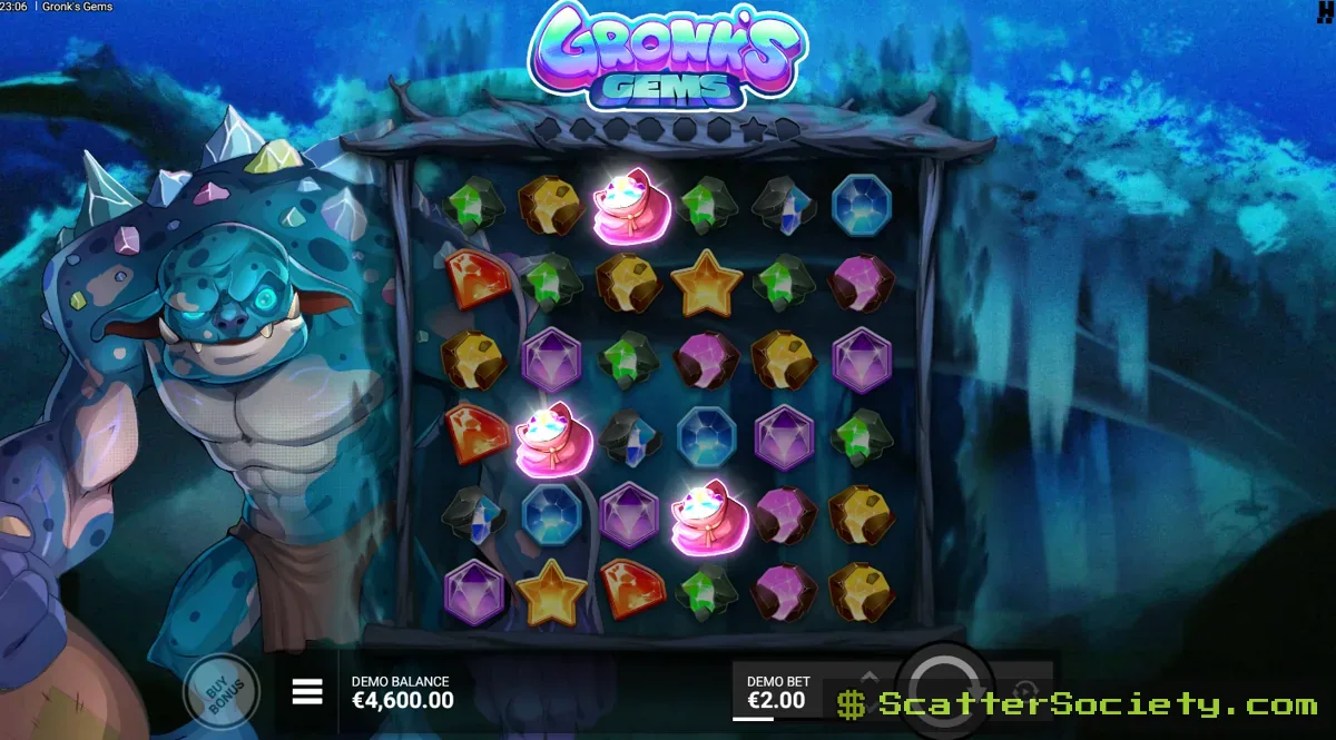 Gronk's Gems base game grid showing a Charged Symbol glowing after a winning cluster before transforming into an Epic Gem