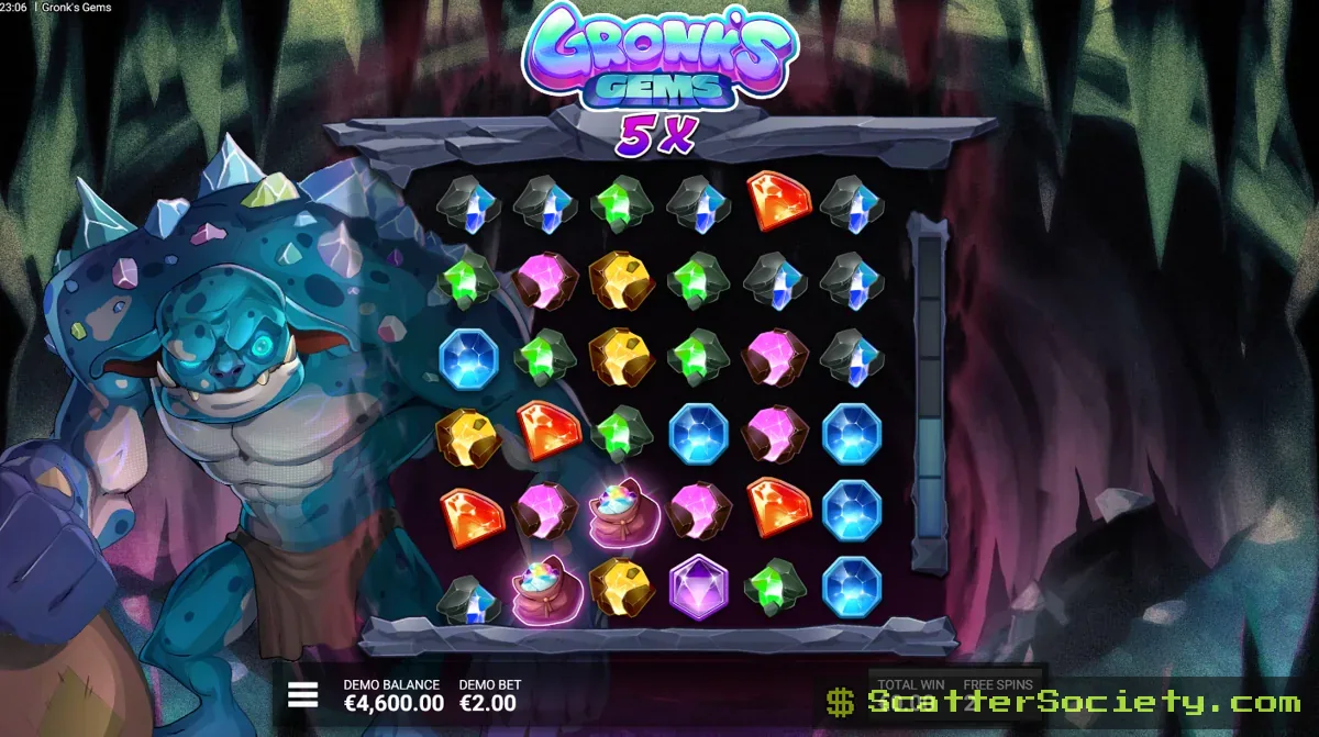 Gronk's Gems Gem Hoarder bonus screen showing multiple X-Gem multiplier wilds compounding across the 6x6 grid