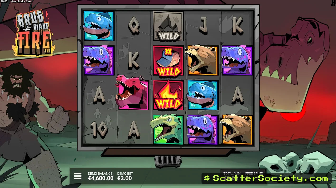 Grug Make Fire Grug Fight Dino bonus screen showing the Wildlife Bar filling toward a Burnt Reels threshold