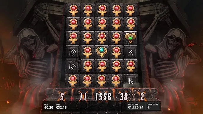 Hand of Anubis cluster grid filled with ankh symbols during a large win in free spins