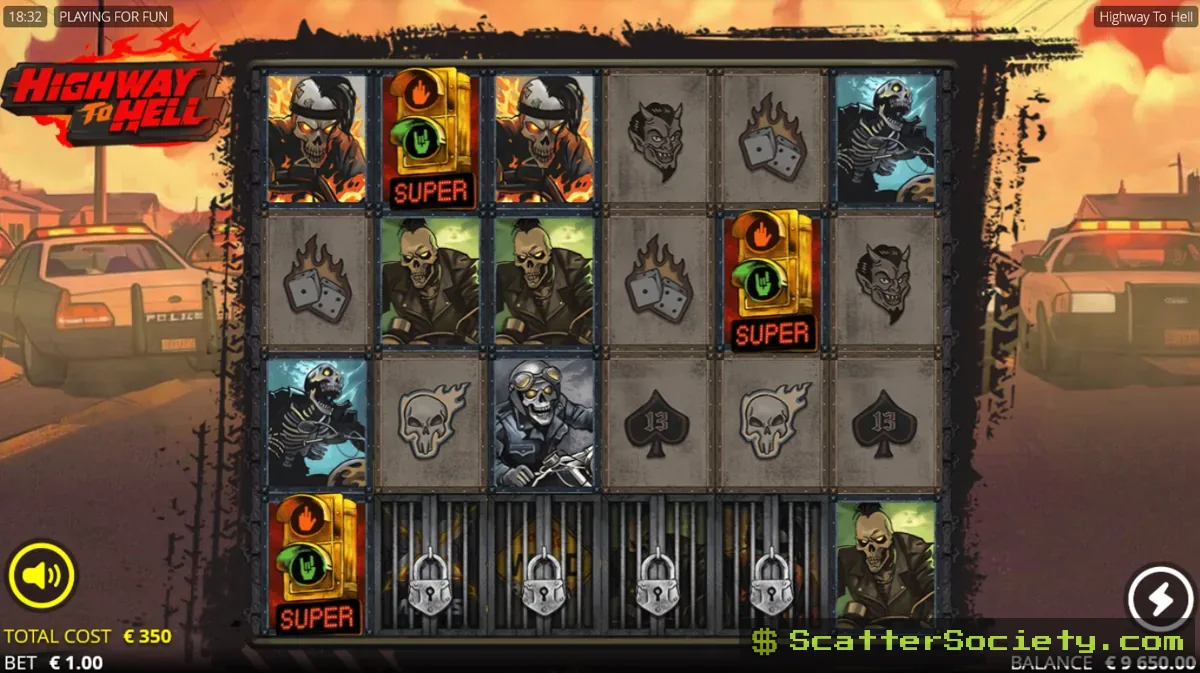 Highway to Hell base game grid showing an unlocked Enhancer Cell above the middle reels revealing a special symbol