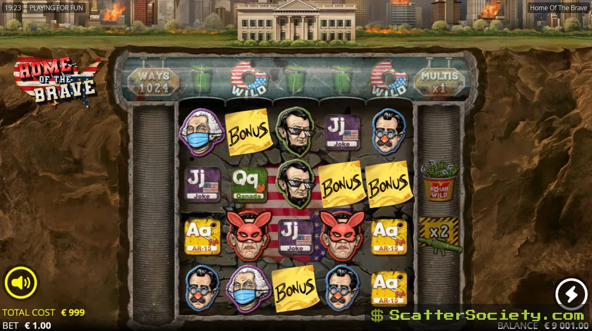 Home of the Brave base game grid showing a Conveyor Belt above the reels dropping a special feature symbol into the grid
