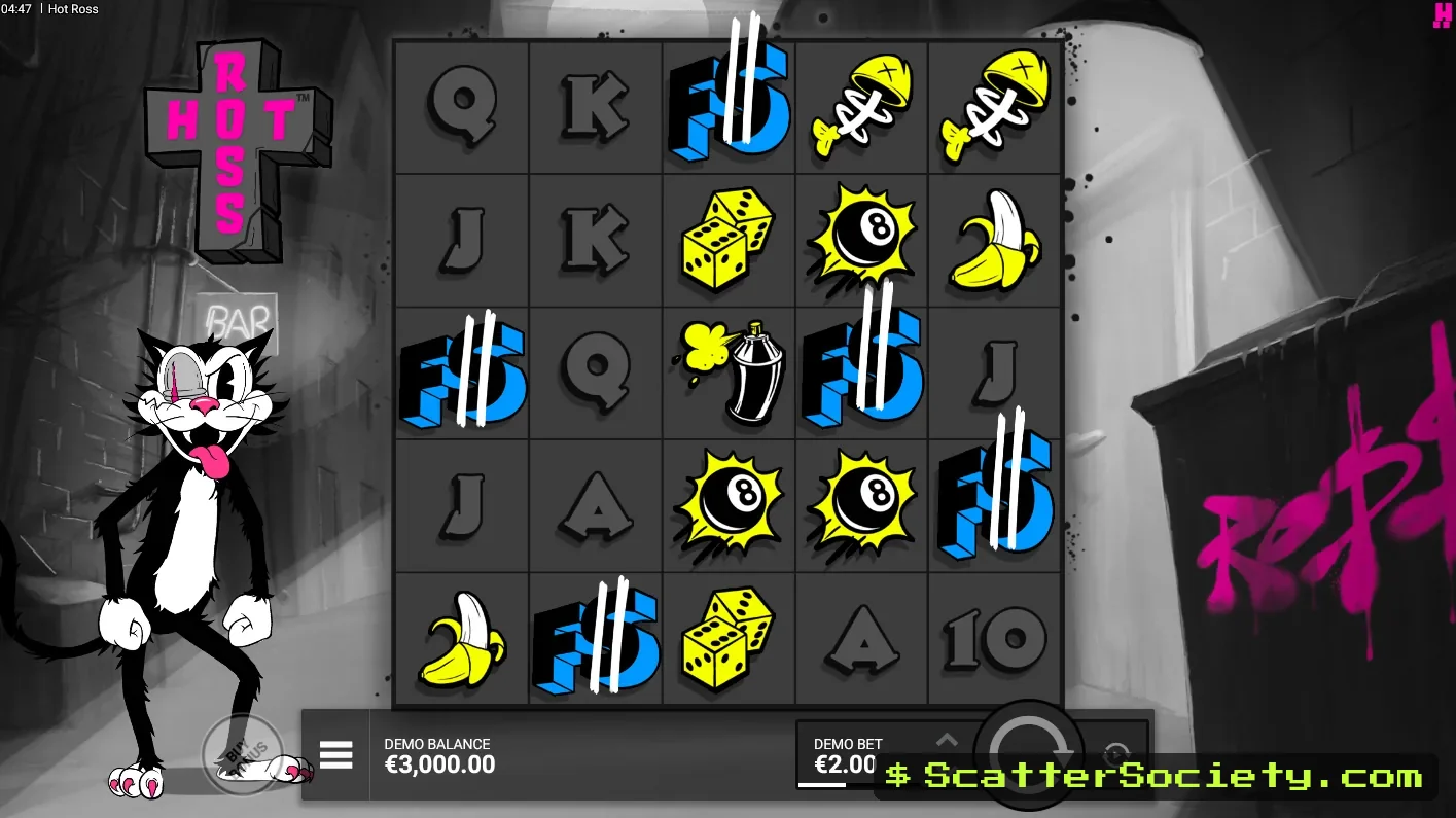 Hot Ross base game grid showing a Ross symbol expanding into a full Wild with a multiplier value