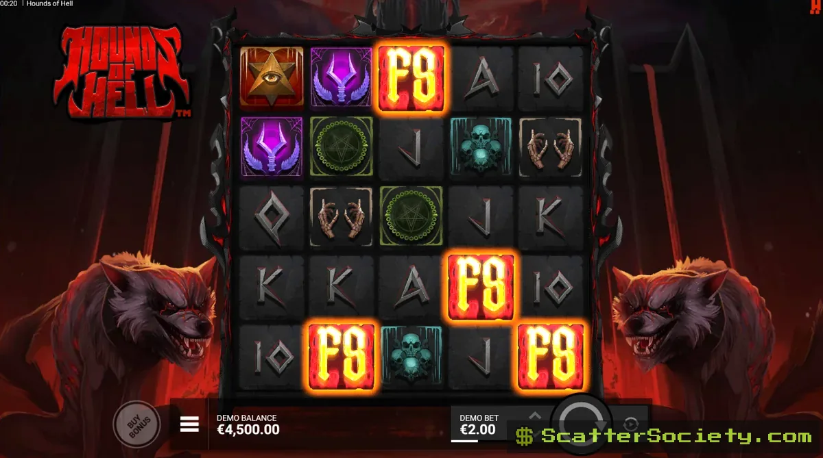 Hounds of Hell base game grid showing a cluster of pentagram and skull symbols connecting across the scatter pays layout