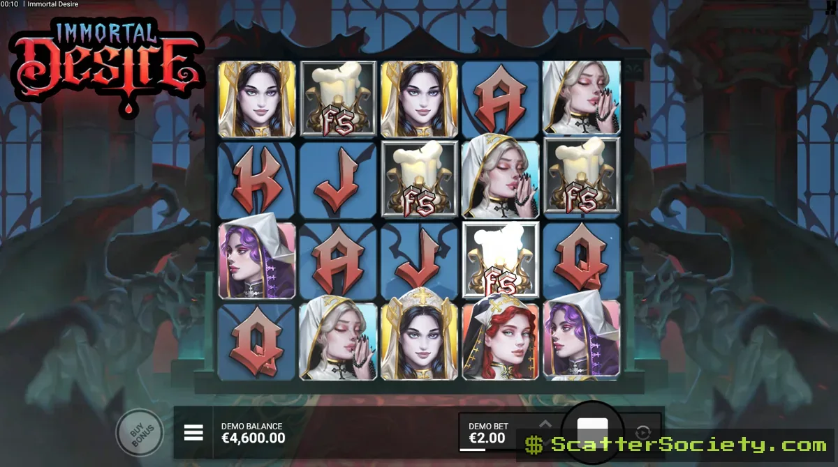 Immortal Desire base game grid showing a Blood Reel activating and transforming high paying character symbols into vampires