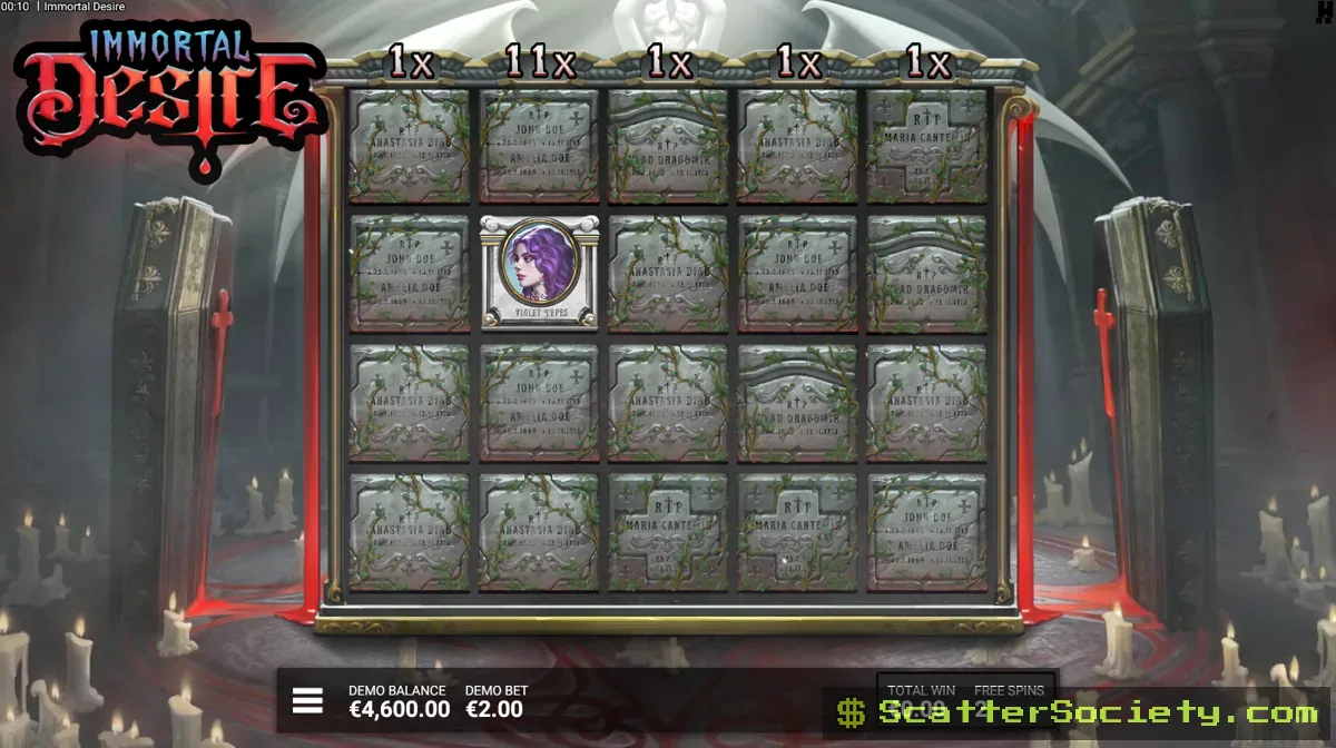 Immortal Desire free spins bonus screen showing multiple persistent Blood Reels remaining active across several consecutive spins