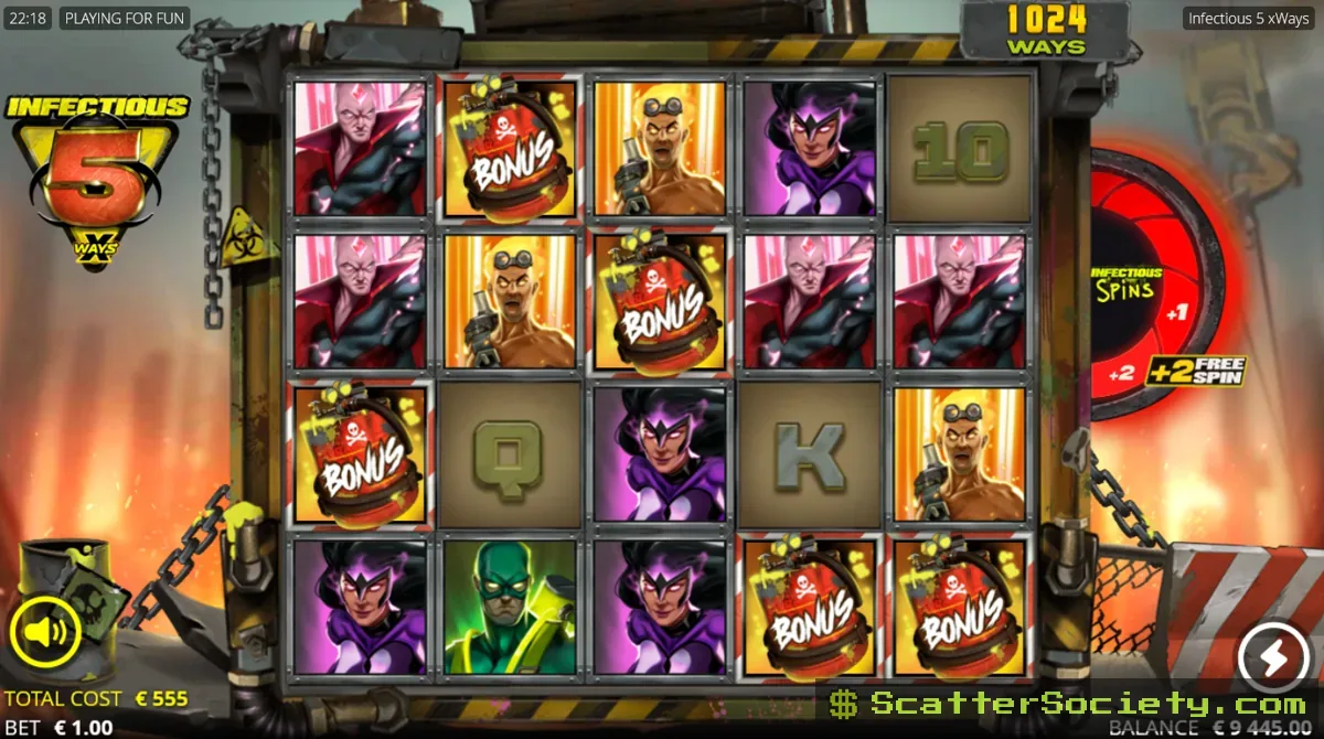 Infectious 5 xWays base game grid showing an xWays symbol revealing two matching instances of a hero symbol below it