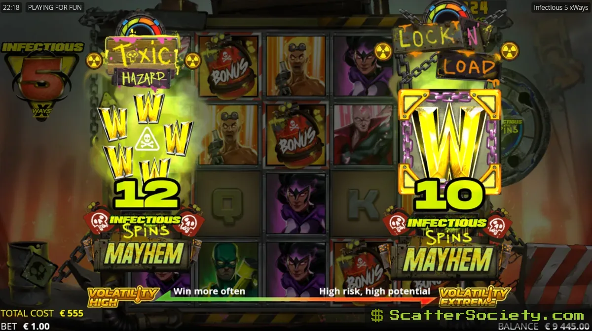 Infectious 5 xWays grid showing the infection spreading across multiple reels as several hero symbols expand simultaneously
